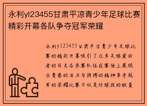 永利yl23455甘肃平凉青少年足球比赛精彩开幕各队争夺冠军荣耀