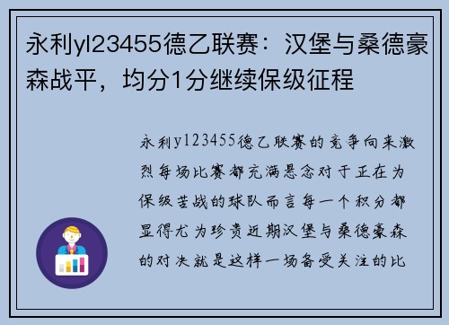 永利yl23455德乙联赛：汉堡与桑德豪森战平，均分1分继续保级征程